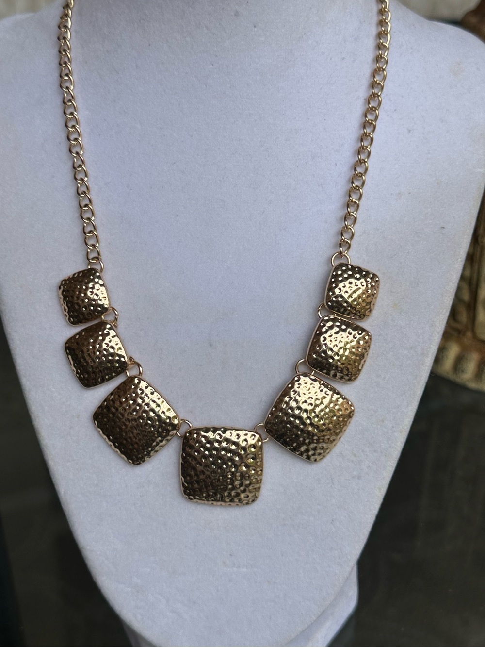 Gold-tone hammered square link necklace